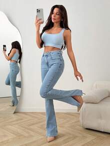 SHEIN Split Hem, High Waist, Slim & Strech, Flare Fit Jeans, Denim Pants - Light Wash - View 6