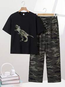 SHEIN 两件套男童套装：压纹字母图案圆领短袖T恤，带工装口袋；撞色长裤；适合春夏休闲、运动、度假、上学、聚会等场合，时尚百搭。 - 彩色 - 查看 4