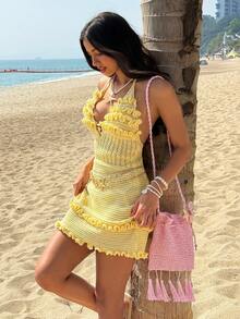 Soleia Sexy Spaghetti Strap Metallic Starfish Hollow Out Mini Spaghetti Strap Dress, Suitable For Vacation, Music Festival, Bohemian, Holiday, Date, Afternoon Tea - Yellow - View 6