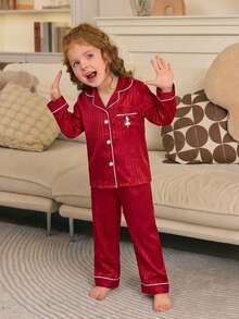 2 Stücke Mädchen Burgunderrot gestreifter Herz bestickter Langarm Cardigan und Hose, bequemer Pyjama-Set - Bordeaux - Übersicht 4