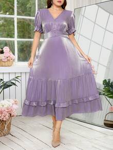 Ellevyn Đầm nữ cỡ lớn màu trơn cổ chữ V tay ngắn cánh hoa xếp nếp viền đầm thanh lịch - Màu tím - Xem 5