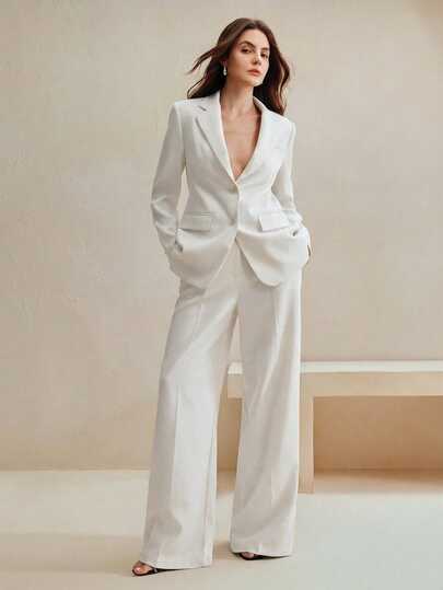 Anewsta Women's Suit Set, Vintage Style Solid Color Blazer + Straight Leg Pants, 2pcs White Outfits For Women White Suits For Woman