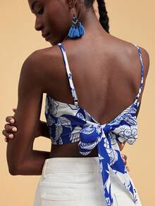 SHEIN TRVLCHIC Women's Casual Asymmetric Hem Pineapple Print Camisole Top,Summer Top - Blue and White - View 2