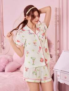 Bonmuse 2pcs Women Summer Lemon Wineglass Print Pajamas Set, Short Sleeve Collared Cardigan Top And Elastic Waist Shorts, Casual Pajamas & Loungewear Set For All Seasonsfor Summer - White - View 7