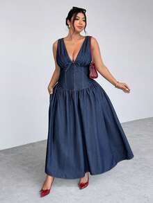 Firerie Đầm denim mùa hè cỡ lớn, kiểu dáng thường ngày, thắt eo phía trước. - Màu xanh lam - Xem 9