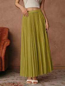 Anewsta Essential Women's Solid Color Elegant Pleated Skirt Maxi - Green - View 5