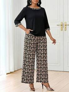 SHEIN Lady 女士时尚通勤全印花上衣和裤子两件套，夏季 - 黑色 - 查看 3