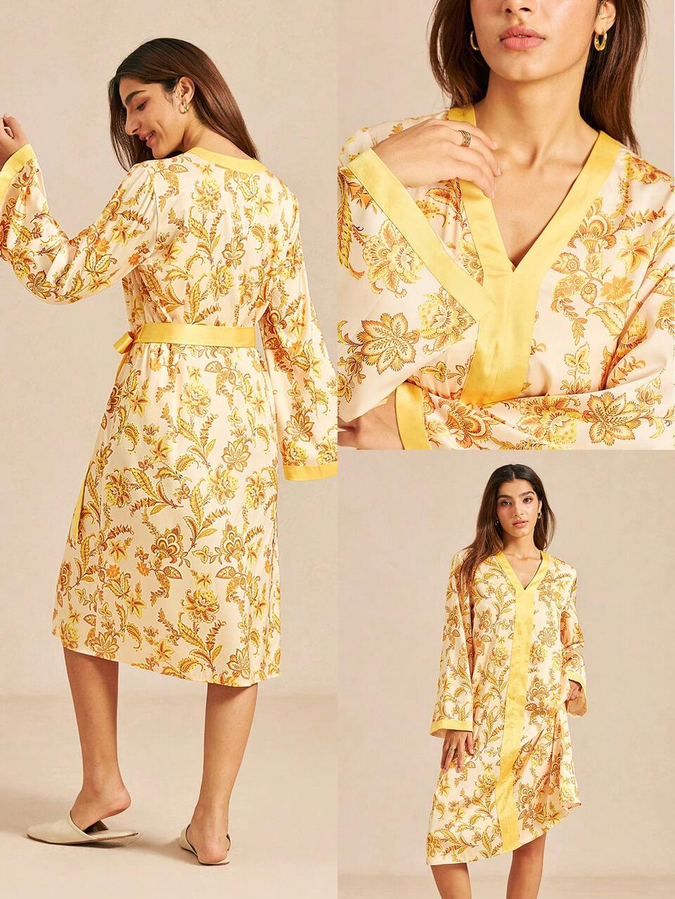 Robe de salon de luxe Jaune & Or Robe kimono à fleurs - Vêtement de nuit en satin avec ceinture contrastée Robe de pyjama d'été pour femmes Graphique