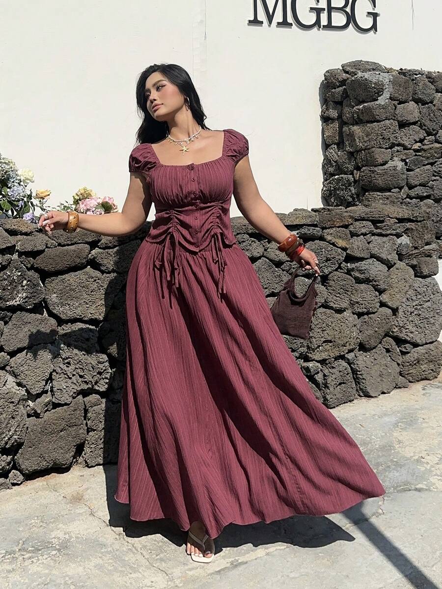 Sunnyshic 加大码法式复古方领衬衫及A字长裙套装，适合夏季外出及日常穿着 - 酒紅色 - 查看 1