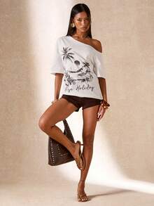 SHEIN BAE 女士不对称领口字母和花卉印花短袖T恤 - 白色 - 查看 6