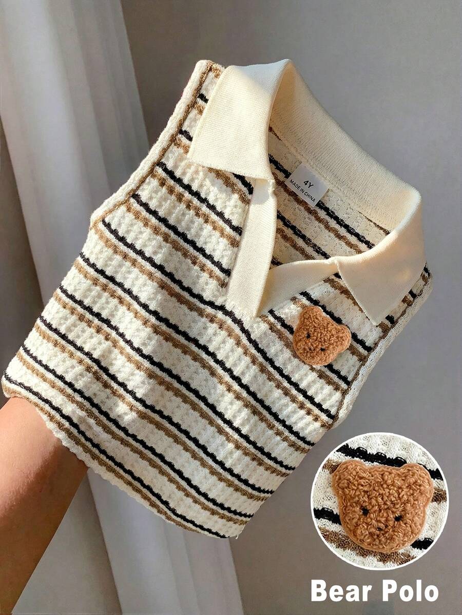 SHEIN Young Girl Knitted Cute Bear Embroidery Striped Casual Polo Vest,Top,Tank Top,Summer Outfits,Baby Girls Clothes,Summer Tops Striped Polo Shirt Striped Tops,Back To School Wear,Daily Wear. - Apricot - View 1