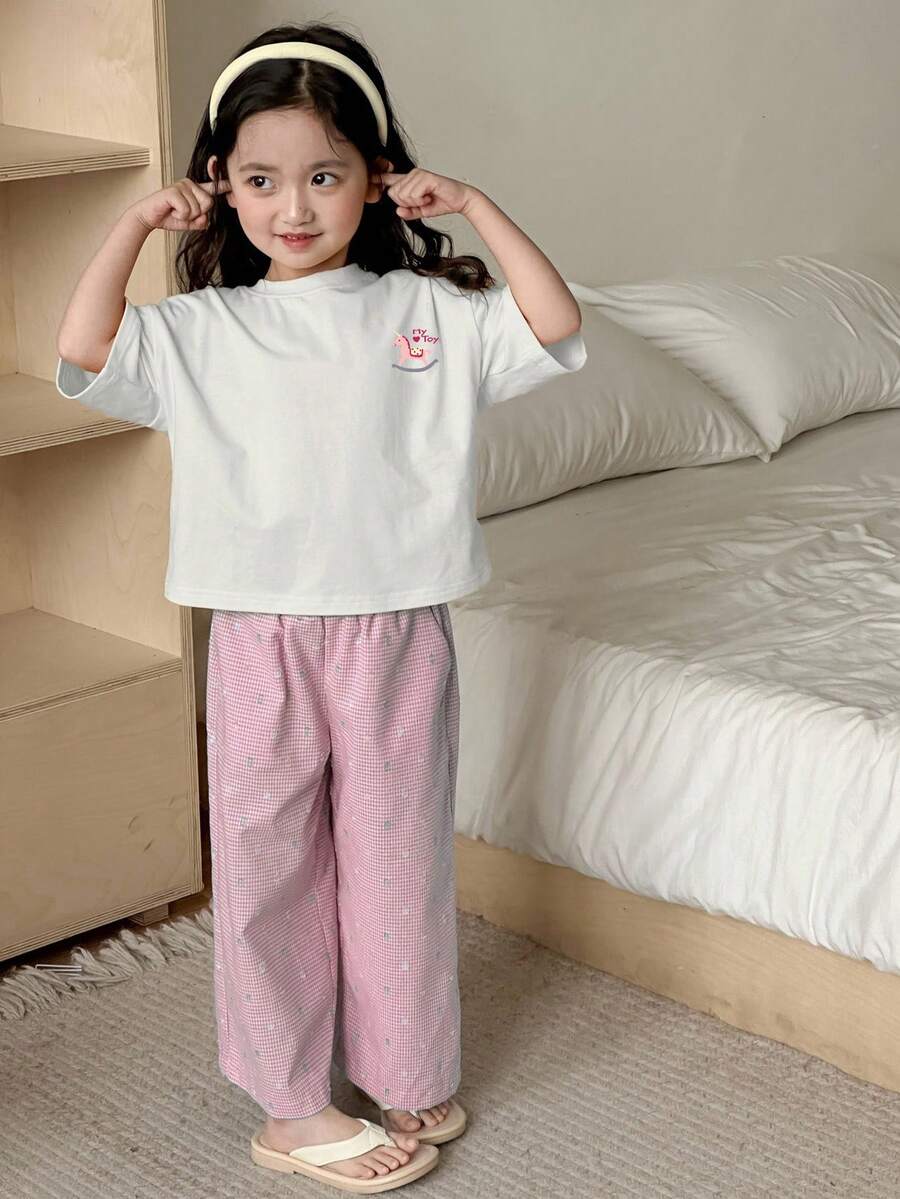 Dazy Kids 2件套女童圆领针织印花短袖T恤+印花长裤家居服,夏季 - 粉色 - 查看 1