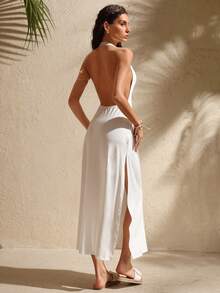 Swim Chiccia 女士白色优雅褶皱露背吊带连衣裙 - 白色 - 查看 2