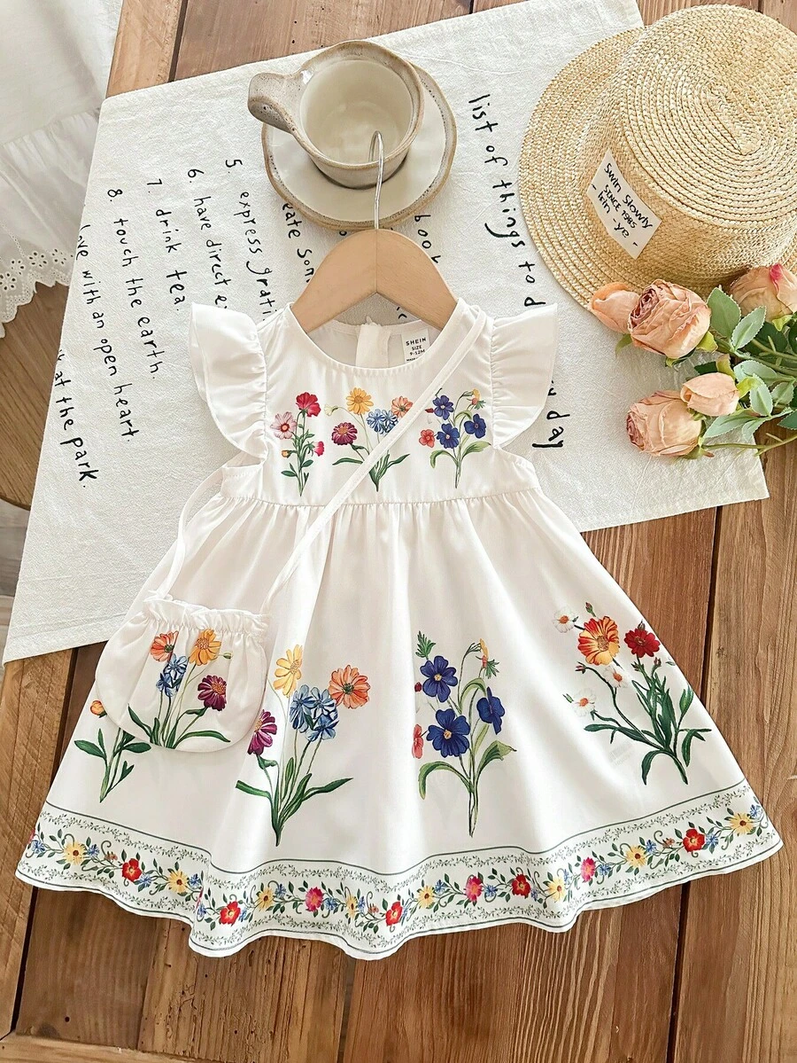 SHEIN LMoss Kids 女宝宝度假可爱碎花印花短袖连衣裙和斜挎包套装 - 卡其色 - 查看 1