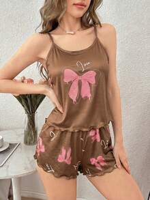 SHEIN 年轻休闲粉色蝴蝶印花荷叶边吊带背心和短裤睡衣套装 - 彩色 - 查看 5