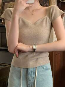DAZY French Retro Short Sleeve Fitted Chic Cropped Women Knit Top, Summer - Khaki - View 4