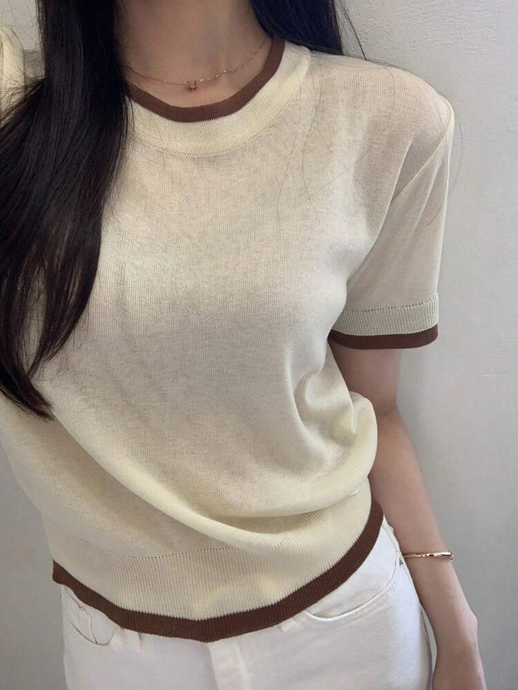 Fashionable Minimalist Casual Slim Fit Contrast Color Round Neck Short Cropped Knit Top For Women, Summer