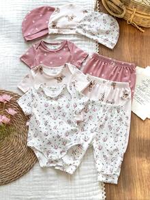 Vintaside Kids 3pcs/Set Newborn Baby Girl Ditsy Floral Romper, Pants And Hat, Countryside Style Fashion Cute Elegant Comfortable Soft Fabric Outfit - Pink - View 2