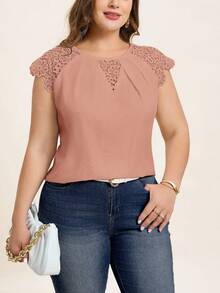 Chikora Plus Size Lace Embroidery Patchwork Women Shirt,Business Casual Woman - Coral Pink - View 2