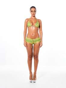 SUMWON WOMEN Yellow Green Striped Halter Bikini Set With Triangle Top And Lace Up Bottom Summer Beach Swimwear - Multicolor - View 3