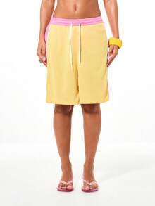 SUMWON WOMEN Women's Contrast Side Panel Wide Leg Drawstring Summer Basketball Terry Shorts With Pink And Yellow Colorblock Design - Yellow - View 2