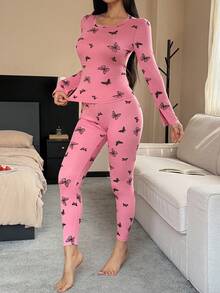 DAZY Charming Butterfly Print Fitted Women Pajama Set - Pink - View 5