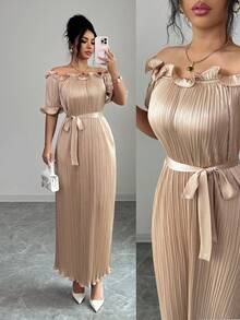 Modelyn Đầm ngắn tay màu sâm panh, trễ vai, xếp ly, kiểu dáng thanh lịch - Rượu sâm banh - Xem 2