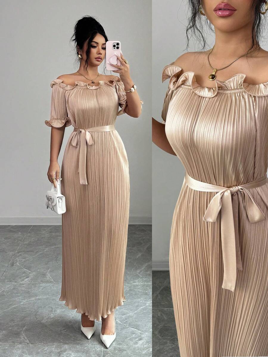 Modelyn Đầm ngắn tay màu sâm panh, trễ vai, xếp ly, kiểu dáng thanh lịch