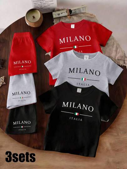 Conjunto de 6 piezas de camiseta y pantalones cortos casuales y de moda para niños pequeños, con estampados personalizados, minimalistas y gráficos de la bandera de Italia, cómodos para el uso diario, adecuados para primavera, verano, en estilos veraniegos acogedores, en rojo, gris, negro