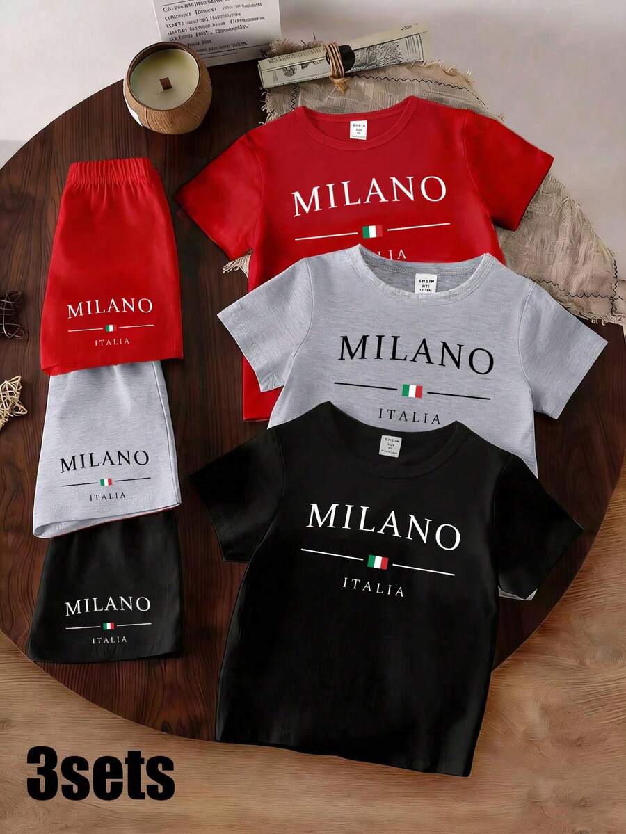 6pcs/Set Baby Boys' Casual Fashionable Creative Personalized Refreshing Cute Minimalist Line Italy Flag Graphic Letter Slogan Print Tee And Shorts Outfit, Comfortable Daily Wear, Suitable For Spring, Summer, Cozy Summer Styles, Red, Grey, Black - Multicolor - View 1