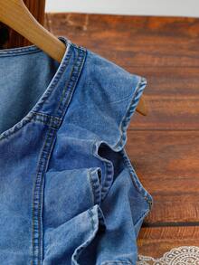 EMERY ROSE Váy denim xếp nếp cài nút nửa thân thường ngày dành cho nữ, mùa hè - Màu xanh lam - Xem 3