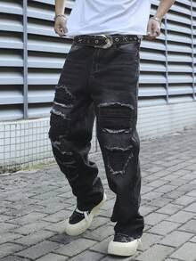 Manfinity EMRG Men's Black Distressed Patch Loose Wide Leg Jeans, Streetwear - Black - View 8