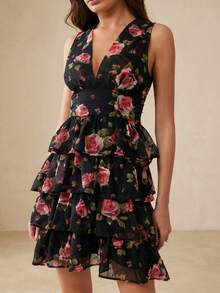BELROSIE Black And Pink Background Rose Flower Layered Jacquard Silhouette V-Neck Sleeveless Elegant Dress Garden Party Summer - Multicolor - View 4