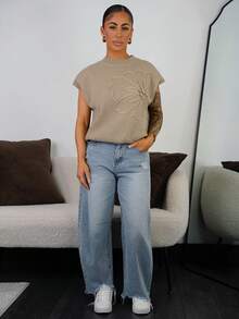 SAYEHFBABY 女式花卉蝙蝠袖宽松休闲针织上衣，秋季 - 駝色 - 查看 1