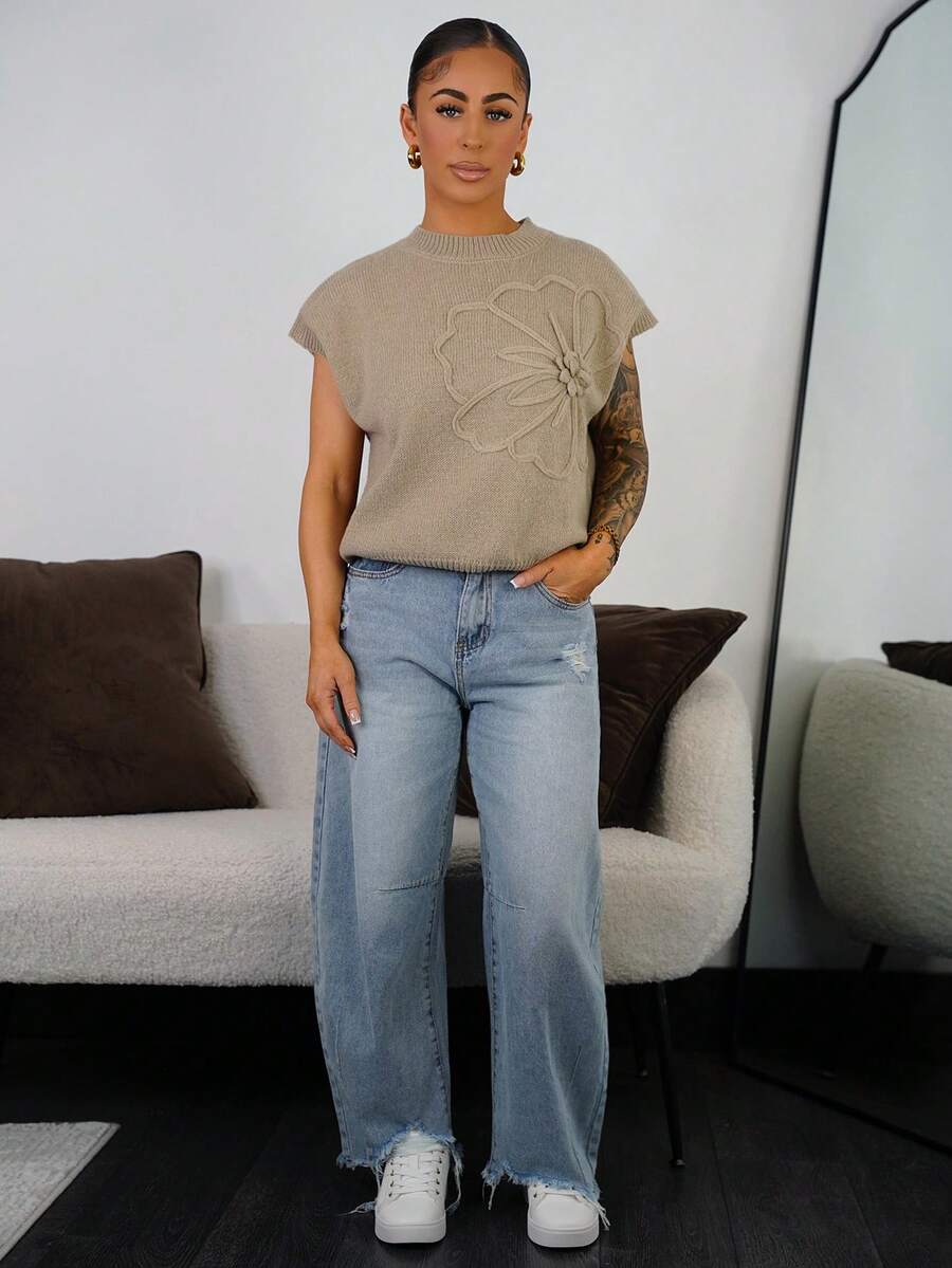 SAYEHFBABY 女式花卉蝙蝠袖宽松休闲针织上衣，秋季 - 駝色 - 查看 1