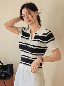 Dazy-Less Women's Striped Black & White Contrast Color Polo Collar Fitted Short Sleeve Sweater, Lightweight For Spring And Summer - Black and White - View 3