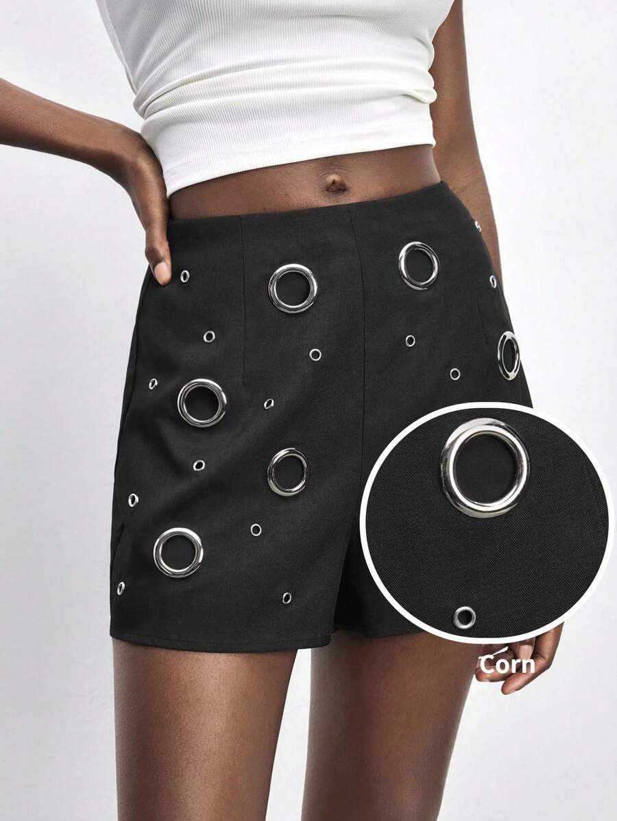Maija Women's Black And Silver Fashionable Grommet Shorts,Studded Y2k High-Waisted Casual Shorts For Summer Street Dance Night Party Beach Summer Holiday - Black - View 1