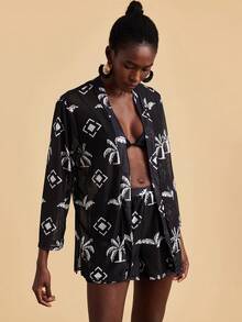 Travachic 女士度假沙滩椰树几何印花上衣短裤泳衣罩衫套装 - 彩色 - 查看 4