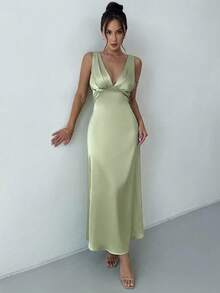 Aloruh 露背深V领鱼尾绿色缎面连衣裙 - 綠色 - 查看 5