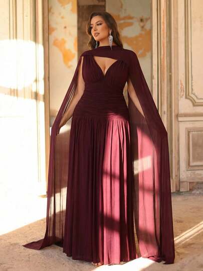 Aureia Falda acampanada A-Line con pliegues, cuello en V de malla brillante burdeos (con halter desmontable) para tallas grandes, adecuada para citas, fiestas de solteros, bodas, eventos, vestidos de dama de honor