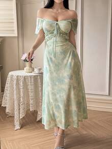 Feyla Đầm nữ dáng lửng thanh lịch, cổ chữ V, tay raglan, thắt nơ phía trước, in họa tiết tie-dye. - Nhiều màu - Xem 6