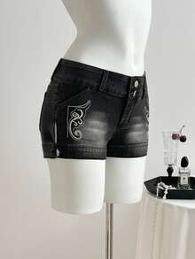 Elamini Quần short denim nữ cạp thấp màu xám/đen, thêu họa tiết cổ điển, xẻ tà bên hông, cài nút, thích hợp cho mùa hè. - màu đen - Xem 1