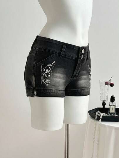 Elamini 女士复古刺绣侧开衩纽扣水洗灰/黑色低腰牛仔短裤，夏季