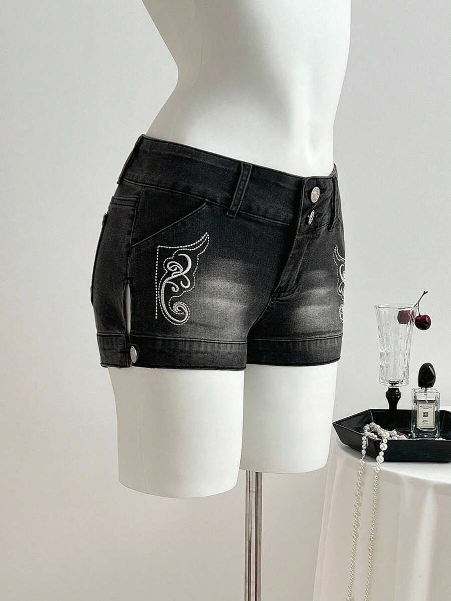 Elamini Quần short denim nữ cạp thấp màu xám/đen, thêu họa tiết cổ điển, xẻ tà bên hông, cài nút, thích hợp cho mùa hè. - màu đen - Xem 1