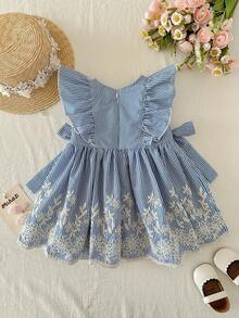 SHEIN LMoss Kids Babygirl Cute Casual Summer Striped Embroidered Peter Pan Collar Dress - Blue - View 7