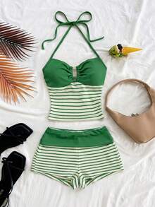 Soleia 两件套条纹针织纹理无袖上衣配金属扣细肩带短裤，休闲度假、派对、约会、夜店、波西米亚风、复古风、假日女装 - 綠色 - 查看 3