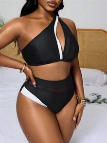 Slaydiva Bộ đồ bơi cỡ lớn phối màu khoét rỗng, đồ bơi một vai cho nữ, bộ 2 mảnh, đồ bơi cạp cao, bộ 2 mảnh. - màu đen - Xem 4