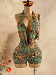 Soleia Trang phục dự tiệc cưới phong cách miền Tây thường ngày, trang phục tốt nghiệp, tiệc brunch, trang phục nữ ngày lễ Thánh Patrick, kỳ nghỉ xuân, lễ Phục sinh, lễ hội âm nhạc, bộ jumpsuit thanh lịch phong cách Bohemian nhiệt đới, cổ yếm hở lưng, đính hạt kim loại, chất liệu dệt kim loại. - Nhiều màu - Xem 4