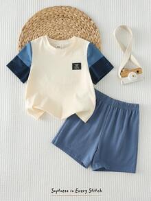 Cozy Pixies 2件套男童撞色针织标签圆领短袖上衣和松紧腰短裤 - 杏色 - 查看 4