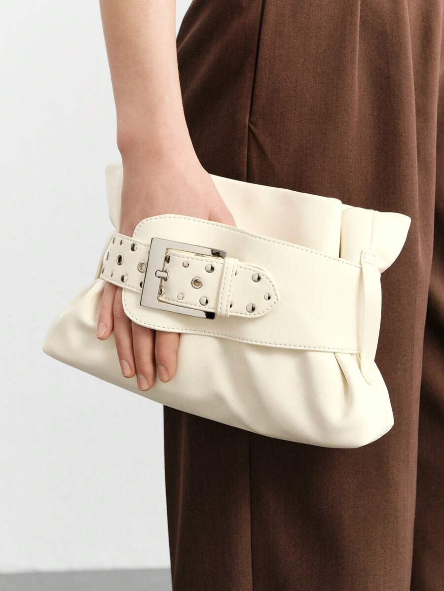 SHECARRY Ladies' Stylish Soft Clutch With Belt Buckle Trim Details - White - View 1